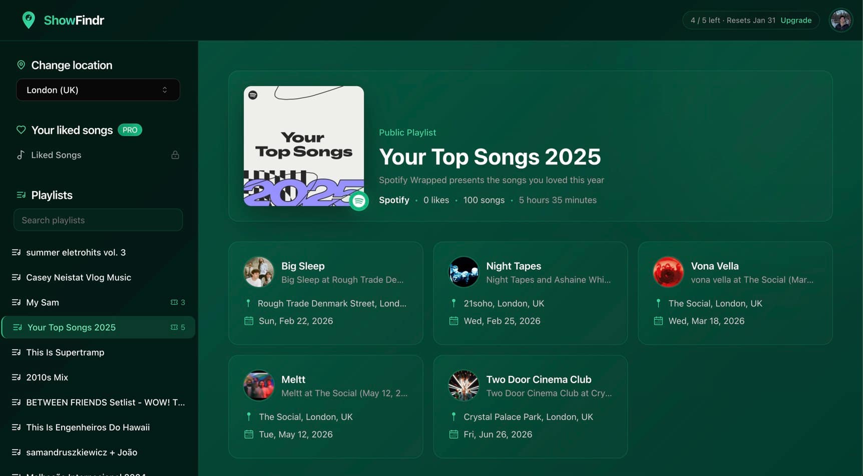 ShowFindr dashboard showing concert matches from Spotify playlists
